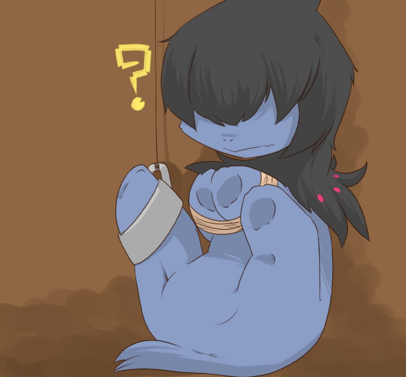 ambiguous_gender bdsm black_hair blush bondage bound feral hair question_mark solo submissive submissive_ambiguous unknown_artist mythology nintendo pokemon deino dragon generation_5_pokemon mythological_creature mythological_scalie pokemon_(species) scalie