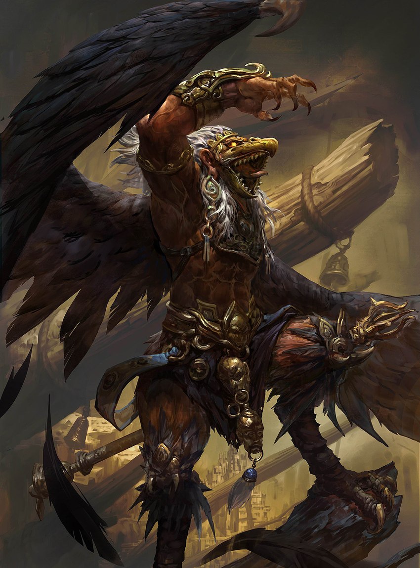 anthro armlet armor beak bell black_body black_feathers black_scales bottomwear bracers breastplate city city_background claws clothed clothing digitigrade ear_piercing ear_ring feathers feet finger_claws gold_(metal) gold_jewelry hair holding_object holding_weapon jewelry knee_pads loincloth male muscular muscular_male open_mouth piercing ring_piercing scales scuted_feet scutes sharp_teeth solo staff talon_hands talons teeth teeth_showing toes tongue topless unconvincing_armor vein waist_accessory weapon white_hair wing_claws wings wood ming_qi garuda avian digital_media_(artwork) digital_painting_(artwork) hi_res