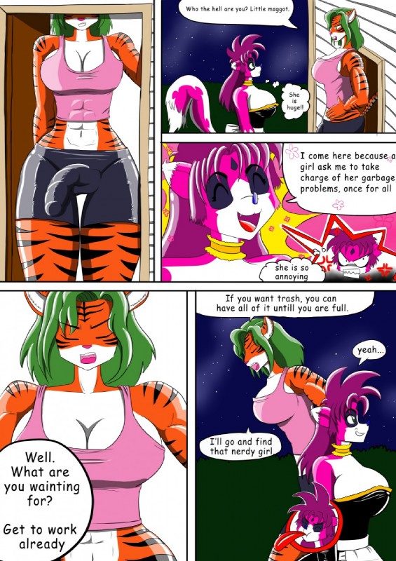 anthro big_breasts breasts bulge clothing detailed_background dialogue duo gynomorph intersex maid_uniform text thought_bubble uniform lady_drasami maleabel felid hybrid mammal pantherine tiger 2014 comic english_text hi_res