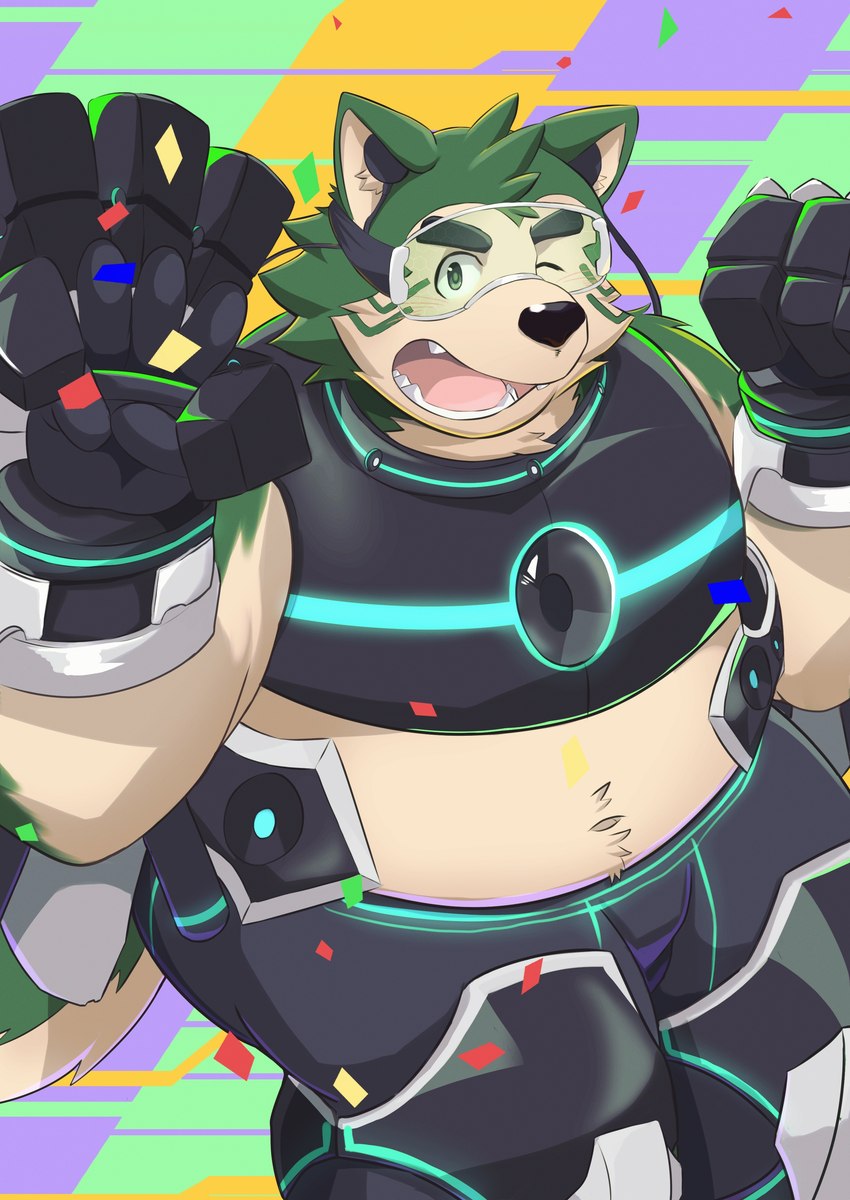 anthro armor belly confetti eyewear fur goggles green_body green_fur male midriff navel one_eye_closed overweight overweight_male solo superhero wink nazebesu_hobby lifewonders live_a_hero mokdai canid canine canis domestic_dog mammal absurd_res hi_res