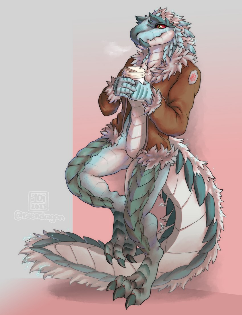 ambiguous_gender anthro bomber_jacket claws clothing coffee_cup container cup jacket scales simple_background solo tail topwear 1oi conditional_dnp capcom monster_hunter mythology dragon fanged_wyvern mythological_creature mythological_scalie scalie tobi-kadachi absurd_res hi_res