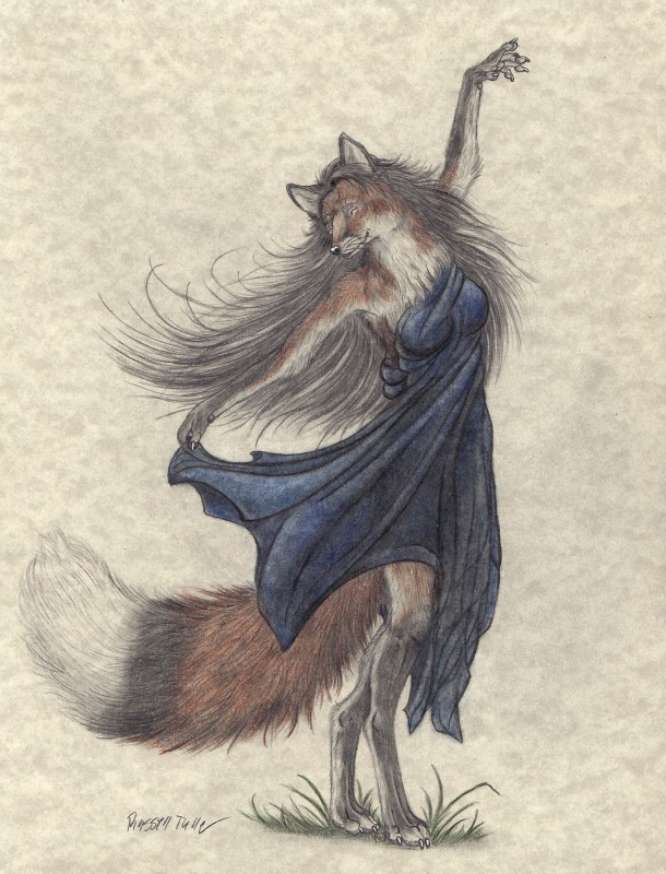 anthro biped claws clothed clothing dancing digitigrade dipstick_tail dress eyes_closed female fluffy fluffy_tail grass grey_hair hair leg_markings long_hair long_legs markings messy_hair multicolored_tail plant simple_background socks_(marking) solo standing tail tail_markings whiskers russell_tuller canid canine fox mammal absurd_res graphite_(artwork) hi_res portrait signature traditional_media_(artwork)