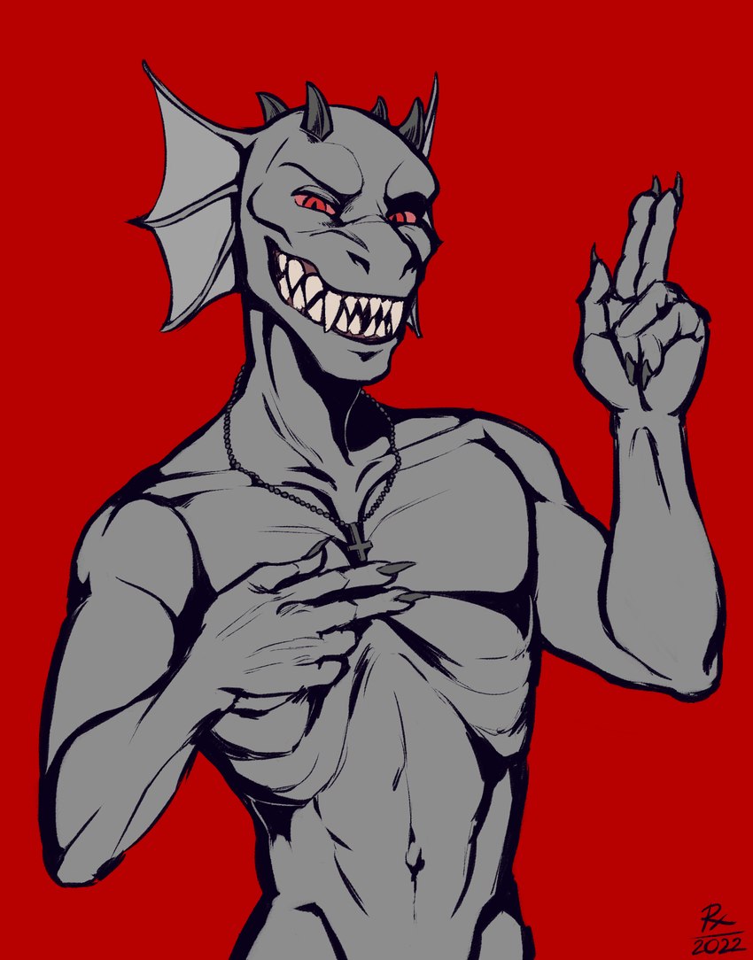 anthro biped cross cross_necklace gills grey_body horn jewelry male necklace outline red_background red_eyes simple_background smile solo teeth nuclear_weeaboo zink_shan lizard reptile scalie sly digital_media_(artwork) half-length_portrait hi_res portrait restricted_palette