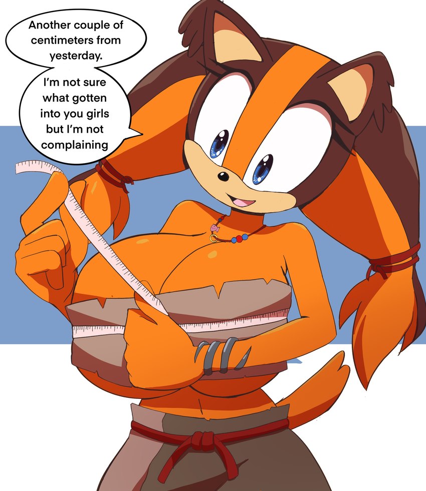 anthro bare_shoulders big_breasts breast_squish breasts cleavage clothed clothing dialogue female huge_breasts jewelry measuring_breasts necklace solo squish tape_measure text under_boob kojiro-brushard sega sonic_boom sonic_the_hedgehog_(series) sticks_the_jungle_badger badger mammal mustelid musteline 2023 absurd_res english_text hi_res