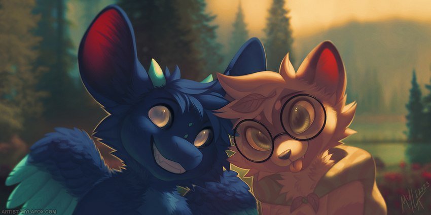 ambiguous_gender anthro blep blue_body blue_fur blue_pupils blue_sclera blue_wings blurred_background duo eyewear feathered_wings feathers flower front_view fur glasses green_eyes grey_body grey_fur grin hair looking_at_viewer orange_sky outside plant pupils red_flower round_glasses short_hair shrub sky smile teeth text tongue tongue_out tree water wearing_glasses white_body white_eyes white_fur white_hair wings mylafox 2023 2:1 dated url