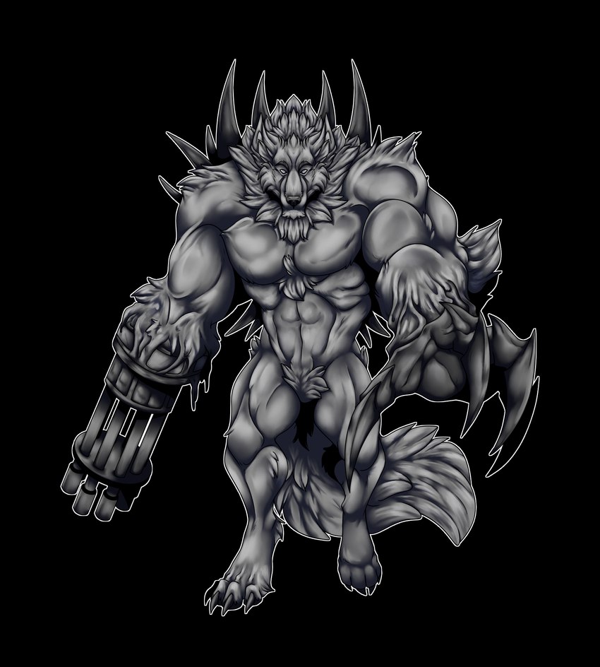 anthro back_spikes big_claws claws digitigrade finger_claws gatling_gun gun gun_arm machine_gun male mane metal_claws metallic_body metallic_hair minigun monotone_body mouthless muscular muscular_anthro muscular_male nude_anthro nude_male paws pointy_ears pseudo_hair ranged_weapon simple_background solo spikes spikes_(anatomy) transparent_background weapon wirwik mythology canid canine canis elemental_creature mammal metal_creature mineral_fauna mythological_canine mythological_creature werecanid werecanine werecreature werewolf wolf alpha_channel hi_res