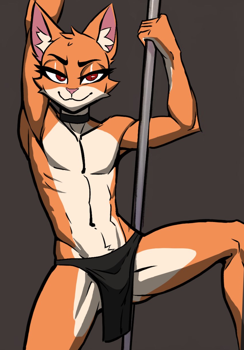 anthro athletic athletic_anthro athletic_male bedroom_eyes bottomwear cheek_tuft choker clothed clothing confident dancing facial_tuft femboy flexing fur hair inner_ear_fluff jewelry loincloth loincloth_only looking_at_viewer male multicolored_body narrowed_eyes navel necklace orange_body orange_fur orange_hair pole pole_dancing red_eyes seductive short_hair simple_background solo spread_legs spreading tail topless tuft two_tone_body twunk white_body white_fur f4ephantomii domestic_cat felid feline felis mammal hi_res