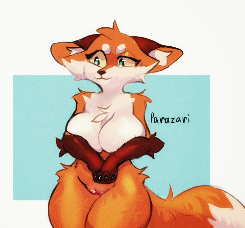 anthro big_breasts black_eyes breasts ears_down eyebrows female fur genitals multicolored_body multicolored_fur orange_body orange_fur pivoted_ears pussy solo standing tail thick_thighs white_body white_fur yellow_sclera parazari vkontakte pappy_(vkontakte) canid canine fox mammal hi_res