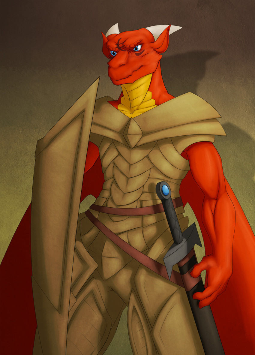 anthro armor blue_eyes clothed clothing horn kite_shield male medieval_shield melee_weapon muscular muscular_anthro muscular_male orange_body shield simple_background solo sword tattoo weapon wings yellow_body saruuk mythology dragon mythological_creature mythological_scalie scalie hi_res