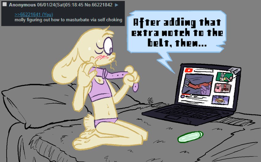 anthro bed belt biped blush blush_lines bra clothed clothing computer dialogue electronics female flat_chested furniture green_line_art head_tuft inside kneeling laptop looking_at_object narrow_hips navel on_bed panties purple_bra purple_clothing purple_line_art purple_panties purple_underwear scut_tail sex_toy short_tail sitting sitting_on_bed solo speech_bubble tail text thin_calves thin_legs thin_thighs training_bra tuft underwear underwear_only vibrator whiskers yellow_line_art soulcentinel 4chan roommates:motha fan_character molly_(roommates) lagomorph leporid mammal rabbit 2024 colored_line_art english_text