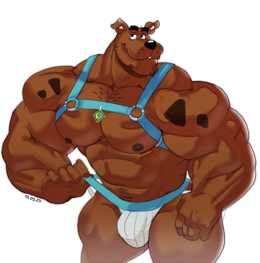 abs anthro body_hair brown_body brown_fur bulge chest_hair clothed clothing clothing_pull dark_nipples eyebrows facial_hair fur harness jockstrap male muscular muscular_anthro muscular_male nipples pecs smile solo underwear underwear_pull dumbandgreen hanna-barbera scooby-doo_(series) scooby-doo canid canine canis domestic_dog great_dane mammal mastiff molosser 2023 hi_res