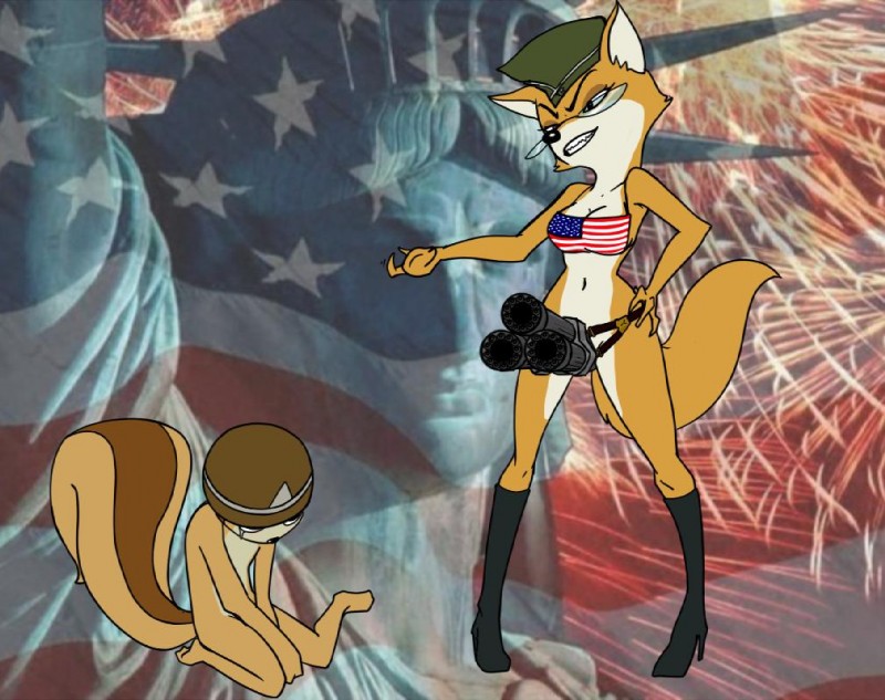 american_flag anthro boots breasts clothing dildo dominant dominant_female duo eyewear female fluffy fluffy_tail footwear glasses hat headgear headwear high_heeled_boots high_heels military_cap military_helmet nationalism sex_toy shoes strapon tail united_states_of_america what why sildre sek_studio squirrel_and_hedgehog geumsaegi lt._fox_vixen canid canine fox mammal rodent sciurid tree_squirrel