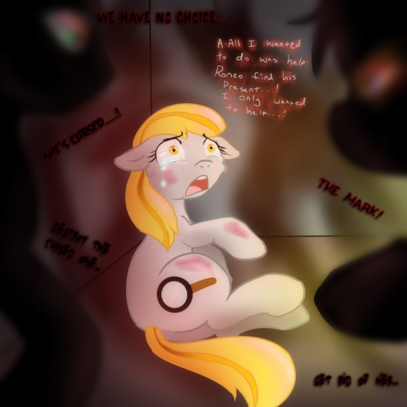 bodily_fluids bruised crying cutie_mark dialogue female feral group outnumbered quadruped scared surrounded tail tears text wounded balddumborat friendship_is_magic hasbro my_little_pony story_of_the_blanks ruby_(mlp) equid equine horse mammal pony 1:1 2011 english_text