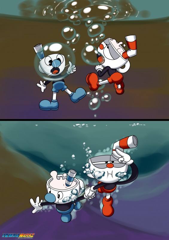 air_bubble duo holding_breath labyrinth male swimming underwater water ichduhernz cuphead_(game) cuphead_(character) mugman absurd_res hi_res