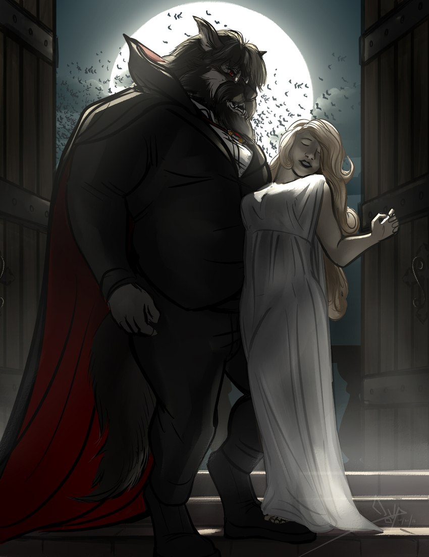 5_fingers anthro barefoot black_body black_fur black_hair black_nose blonde_hair breasts cape clothed clothing digitigrade dress duo eyes_closed eyewear fangs feet female female_on_anthro fingers footwear fur glasses hair human_on_anthro humanoid_hands interspecies larger_anthro larger_male male male/female male_anthro male_on_human moon night shoes size_difference slightly_chubby slightly_chubby_anthro slightly_chubby_male smaller_female smaller_human standing stocky suit teeth bgn canid canine canis human mammal vampire wolf 2016 hi_res signature