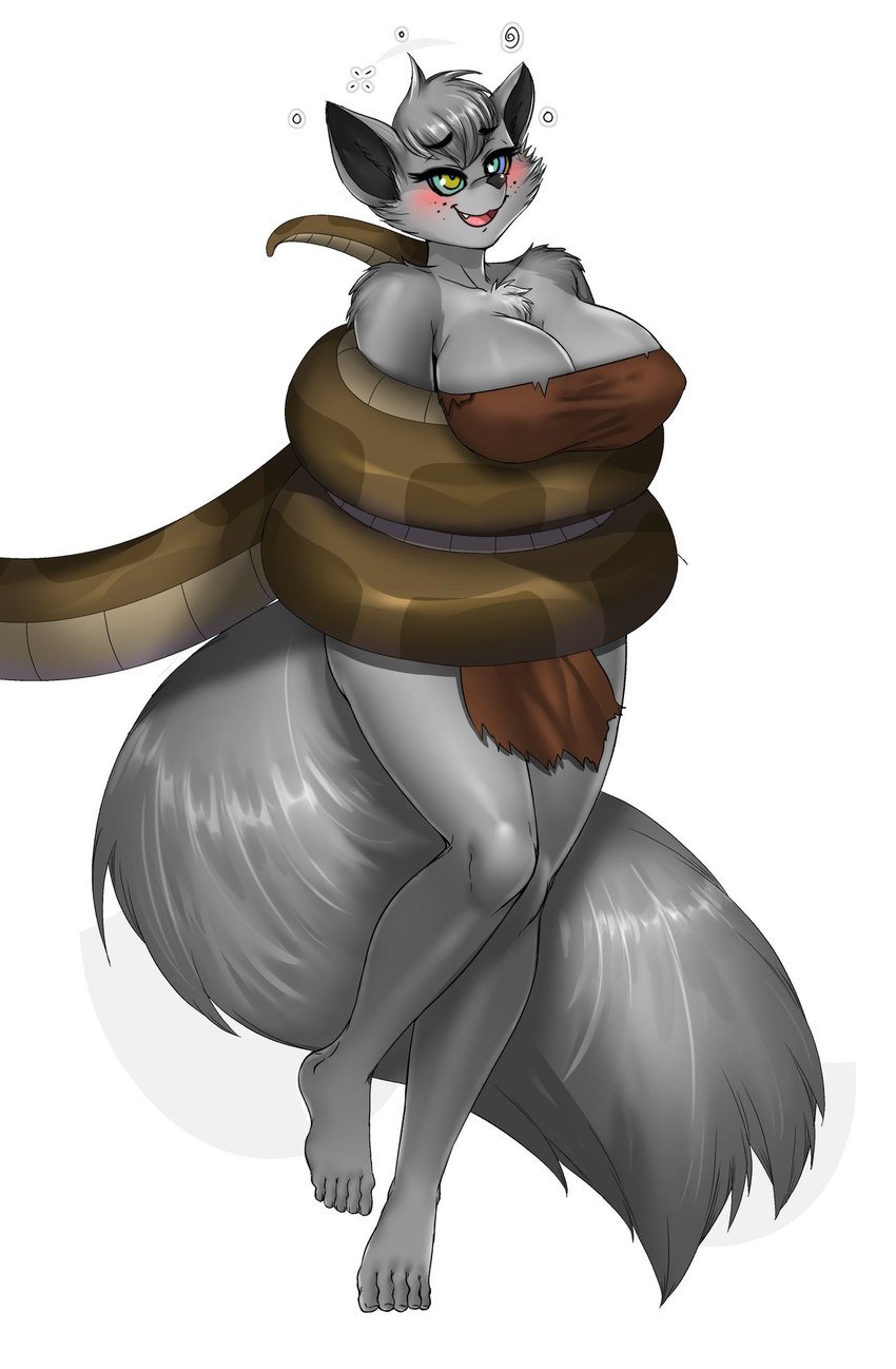 anthro barefoot big_breasts blush bottomwear bra breasts captured clothing coiling duo feet female fluffy fluffy_tail freckles fur grey_body grey_fur grey_hair hair hypnosis loincloth mind_control open_mouth simple_background smile tail underwear white_background anonymous_artist chloe_(iamaneagle) canid canine canis mammal reptile scalie snake wolf 2020 hi_res