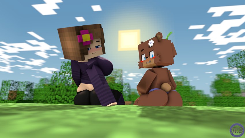 anthro big_breasts big_butt blush breasts brown_body brown_hair butt clothed clothing cloud day duo embarrassed female feral first_person_view forest fur hair light logo looking_at_viewer looking_back looking_back_at_viewer partially_clothed plant sitting sky smile sun sunlight tree bbcom microsoft minecraft mojang xbox_game_studios bia_(slipperyt) jenny_(slipperyt) bear human humanoid mammal 16:9 3d_(artwork) digital_media_(artwork) hi_res source_filmmaker_(artwork) watermark widescreen