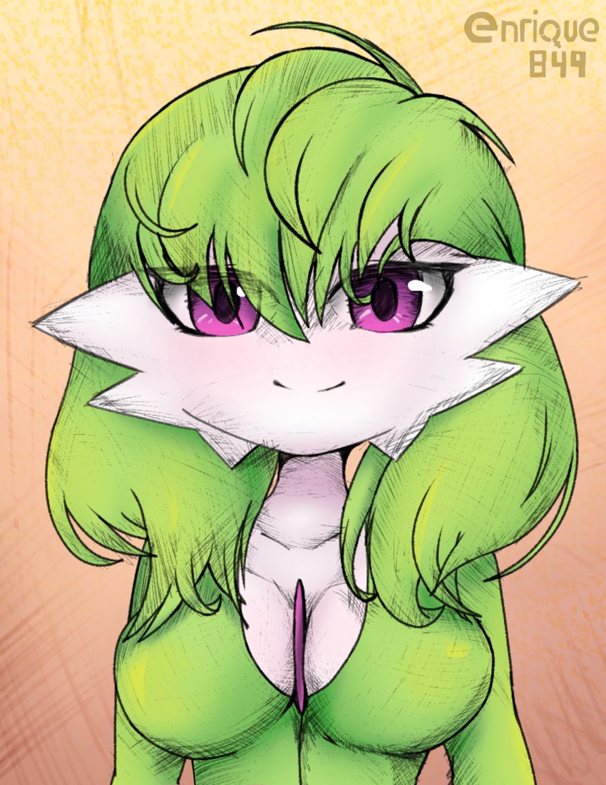 anime_eyes anime_style breasts female glistening glistening_eyes green_hair hair not_furry smile solo enrique849 nintendo pokemon ailin_gardevoir gardevoir generation_3_pokemon pokemon_(species) cross-hatching hatching_(art) hi_res shaded watermark