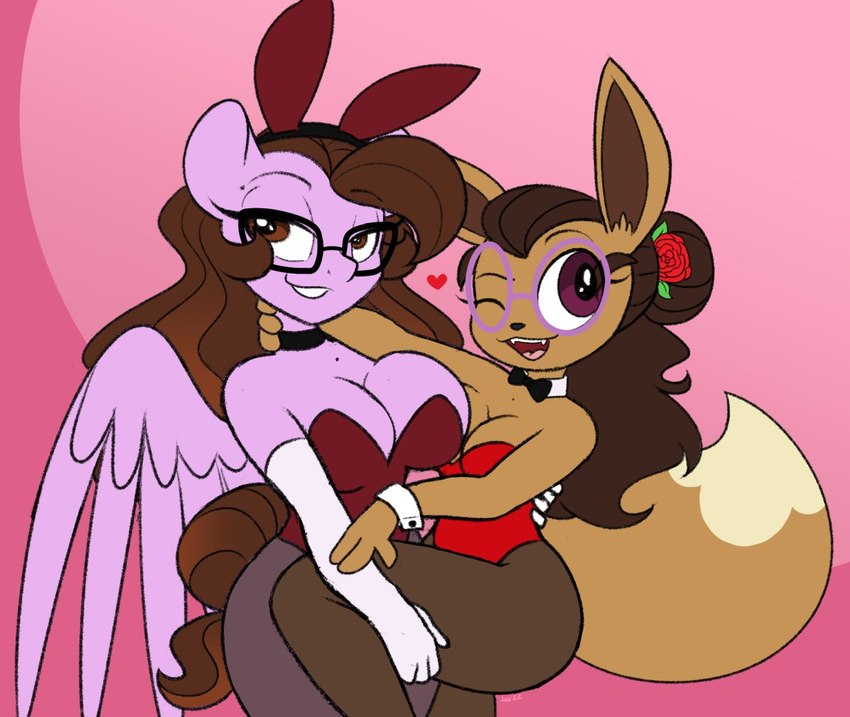 anthro big_breasts black_bow_tie bow_tie breast_size_difference breast_squish breasts brown_body brown_fur brown_hair brown_tail bunny_costume choker cleavage clothed clothing costume cuff_links dipstick_tail duo eyewear fake_ears fake_rabbit_ears feathered_wings feathers female female/female female_anthro female_humanoid flower fully_clothed fur glasses hair heart_symbol holding_leg huge_breasts humanoid_on_anthro jewelry long_hair markings necklace one_eye_closed plant playboy_bunny playboy_outfit pokemorph purple_body purple_eyewear purple_feathers purple_glasses purple_wings rectangular_glasses rose_(flower) round_glasses simple_background smile squish tail tail_markings thick_thighs wearing_glasses wings wink conditional_dnp dativyrose hasbro my_little_pony nintendo pokemon ivee_rose ivy_rose eevee equid generation_1_pokemon humanoid mammal pokemon_(species) 2022 digital_drawing_(artwork) digital_media_(artwork) flat_colors portrait three-quarter_portrait