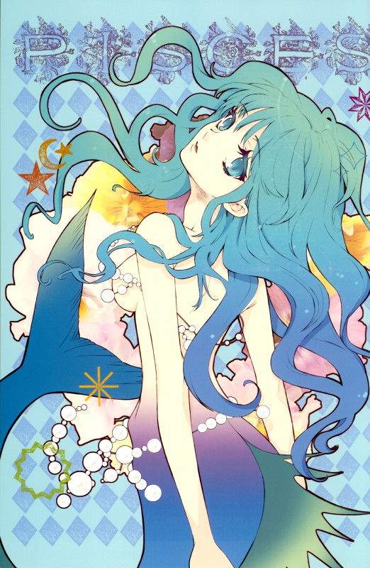 art_nouveau blue_eyes blue_hair breasts checkered checkered_background convenient_censorship eyebrows eyelashes female fish_tail gem hair long_hair looking_at_viewer nude open_mouth pattern_background pearl_(gem) personification side_boob simple_background solo split_form noizi_ito western_zodiac pisces_(zodiac) humanoid marine merfolk absurd_res hi_res portrait three-quarter_portrait