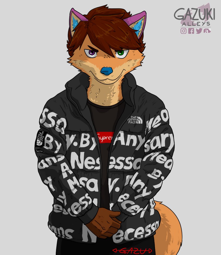 anthro clothing male pose solo stare gazuki dragon_ball drip_(meme) goku_drip supreme canid canine canis coyote mammal meme shaded simple_shading