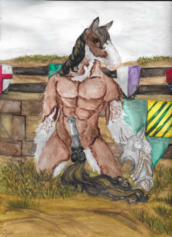 abs animal_genitalia animal_penis anthro armor balls big_balls big_penis biped brown_body brown_eyes brown_fur brown_hair cloud equine_genitalia equine_penis erection fence fluffy fluffy_tail fur genitals grass hair jousting kneeling looking_at_viewer male medial_ring medieval multicolored_body multicolored_fur muscular muscular_anthro muscular_male nude outside pecs penis pink_nose plant shield sky smile solo tail two_tone_body two_tone_fur urethra white_body white_fur lynxisferus clydesdale draft_horse equid equine horse mammal absurd_res hi_res painting_(artwork) signature traditional_media_(artwork) traditional_painting_(artwork) traditional_watercolor_(artwork) watercolor_(artwork)