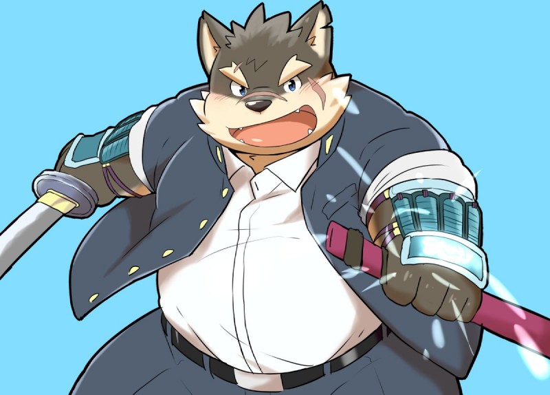 anthro armor asian_sword black_nose blue_background blue_eyes bracers clothed clothing front_view fully_clothed glowing holding_melee_weapon holding_object holding_sword holding_weapon jacket kemono looking_at_viewer male melee_weapon ninjato notched_ear open_mouth open_smile overweight overweight_anthro overweight_male scabbard scar shirt shirt_paunch simple_background smile solo sword tongue topwear weapon 12beat13 lifewonders tokyo_afterschool_summoners moritaka_(tas) canid canine canis domestic_dog mammal