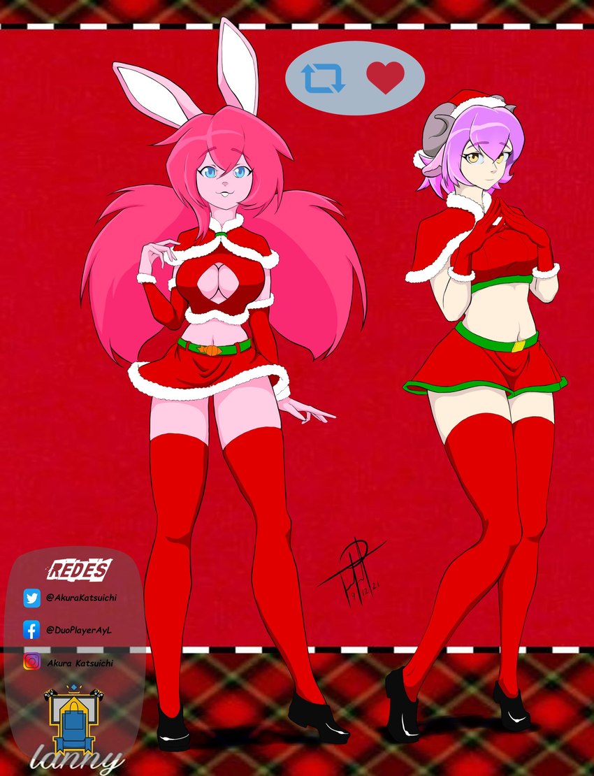 anthro blue_eyes bottomwear bovid_horn buckteeth caprine_horn christmas_clothing christmas_headwear cleavage_cutout clothing cutout duo female fur gloves hair handwear hat headgear headwear holidays horn legwear midriff miniskirt pigtails pink_body pink_fur pink_hair purple_hair ram_horn red_background santa_hat simple_background skirt smile teeth thigh_highs yellow_eyes artakura christmas endymion reverie_(dreamflowerbunny) animal_humanoid bovid bovid_humanoid caprine caprine_humanoid goat_humanoid humanoid lagomorph leporid mammal mammal_humanoid rabbit 2021 absurd_res hi_res signature