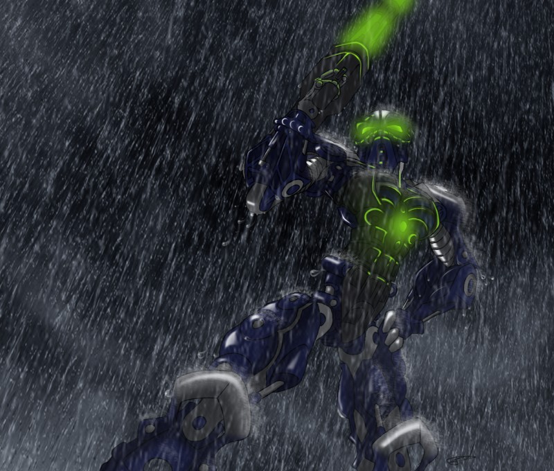 ambiguous_gender armor green_eyes low-angle_view machine mask not_furry outside pose raining solo standing water weapon quynzel bionicle lego hahli robot toa absurd_res dark_theme digital_media_(artwork) digital_painting_(artwork) hi_res shaded soft_shading