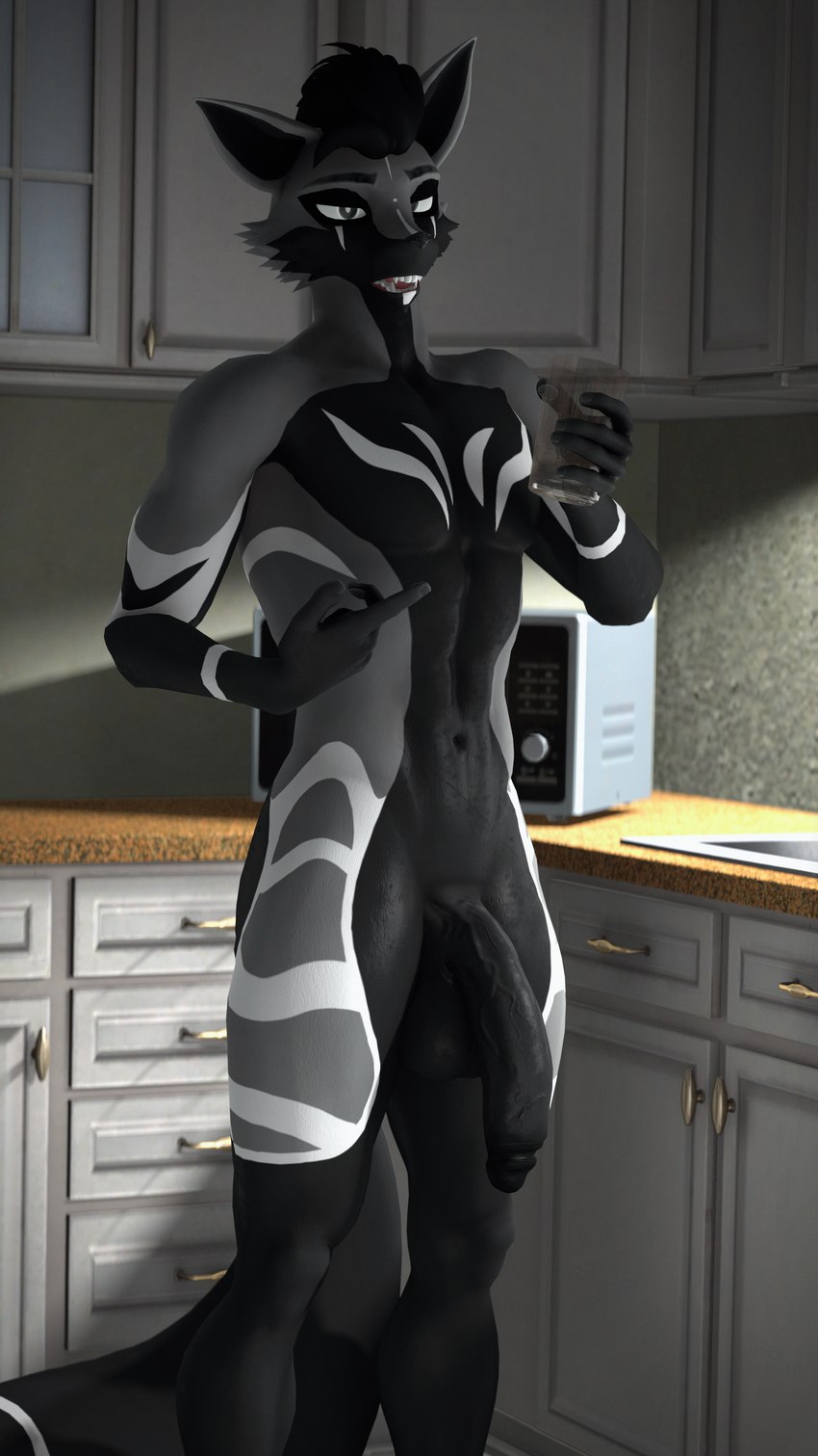 5_fingers anthro black_body black_fur black_hair fingers flaccid fur genitals grey_body grey_eyes grey_fur hair holding_glass holding_object kitchen looking_at_viewer male markings nude penis solo standing white_markings conditional_dnp domibun warfaremachine_(modeler) rex_(domibun) canid canine fox mammal 2023 3d_(artwork) 4k 9:16 absurd_res digital_media_(artwork) hi_res source_filmmaker_(artwork)