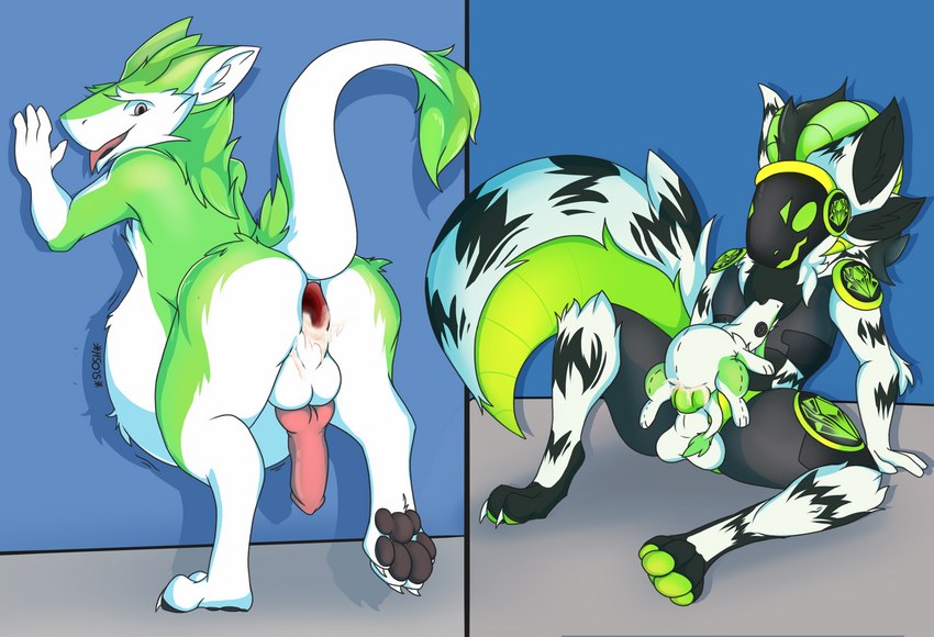 anthro anus belly bodily_fluids butt cum cum_in_ass cum_inflation cum_inside cum_on_butt duo fur gaping gaping_anus genital_fluids genitals green_body green_fur green_penis hyper inflation knot leaning_on_wall machine male male/male non-euclidean_sex pawpads penis plushie plushophilia presenting protogen_visor rear_view sex stretched_anus tail voodoo voodoo_cum voodoo_doll voodoo_inflation ralian_(artist) nul sunray_(character) protogen sergal absurd_res hi_res