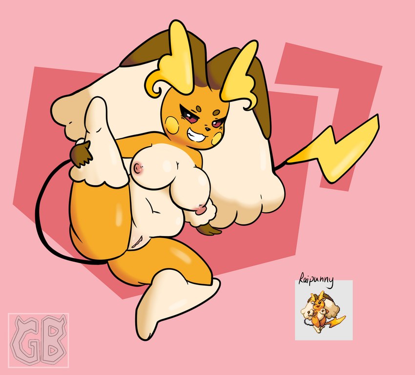 big_ears breasts female fluffy fluffy_hair fur fusion genitals grin hair holding_raised_leg nipples orange_body orange_fur pussy short_stack slightly_chubby smile smug terryeternity nintendo pokemon pokemon_infinite_fusion raipunny raipunny_(mope7) generation_1_pokemon generation_4_pokemon hybrid hybrid_pokemon lagomorph leporid lopunny mammal pokemon_(species) rabbit raichu hi_res