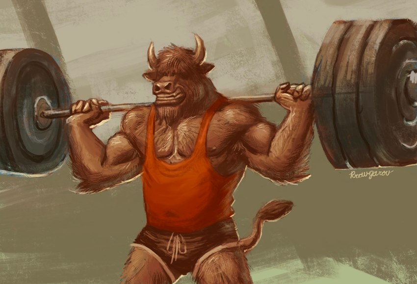 anthro arm_tuft body_hair bottomwear chest_hair clothing drawstring elbow_tuft exercise hair hair_over_eyes hotpants male muscular muscular_male nipples shirt shorts simple_background solo straining tank_top topwear tuft weightlifting workout rrougarou1 bovid bovine cattle mammal hi_res