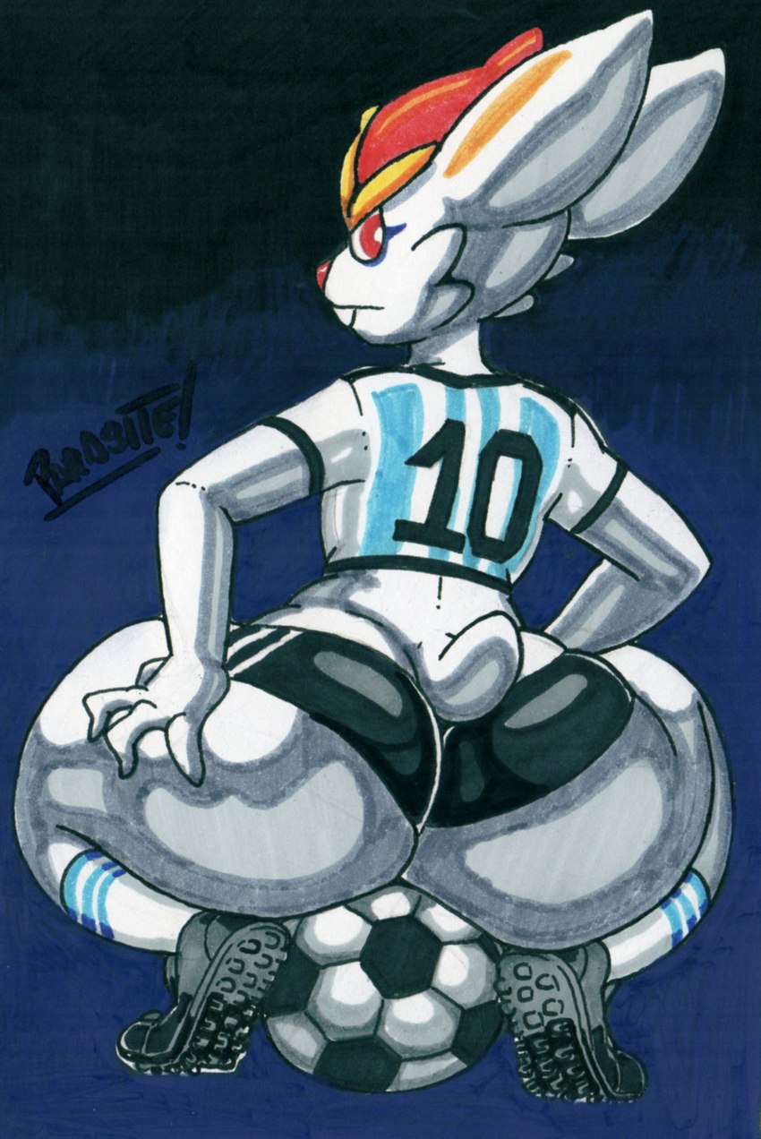 4_fingers anthro ball big_butt bottom_heavy bottomwear bubble_butt buckteeth butt clothed clothing crouching femboy fingers fur hotpants huge_butt huge_thighs looking_at_viewer looking_back male meme_pose orange_eyes short_tail shorts simple_background sitting sitting_on_ball skimpy soccer_ball soccer_uniform solo sportswear tail teeth text thick_thighs uniform white_body white_fur wide_hips parasitedeath broly_culo nintendo pokemon cinderace generation_8_pokemon pokemon_(species) 2023 artist_name graphite_(artwork) hi_res marker_(artwork) meme signature traditional_media_(artwork)