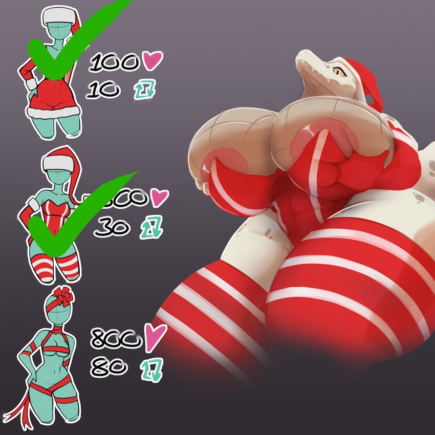 anthro areola big_breasts biped breasts christmas_clothing christmas_headwear clothed clothing female gradient_background hat headgear headwear heart_symbol holding_breast holidays huge_breasts legwear pupils red_clothing santa_hat simple_background solo teeth thick_thighs thigh_highs white_body yellow_eyes collaris christmas alligator alligatorid crocodilian reptile scalie 1:1 hi_res