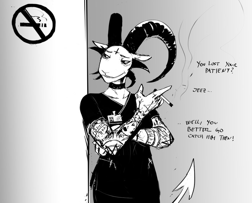 anthro arm_tattoo cigarette dialogue facial_tattoo female holding_cigarette holding_object horn no_smoking nurse scrubs solo tattoo text hladilnik lucy_(hladilnik) bovid caprine caprine_demon demon goat_demon mammal 2024 black_and_white english_text greyscale hi_res monochrome