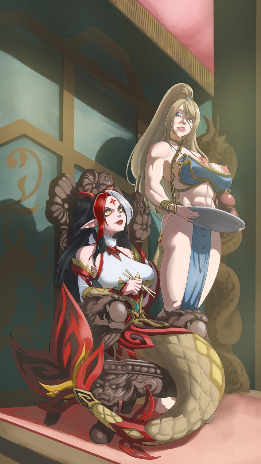 asian_clothing black_hair blue_eyes bottomwear bound breasts butt butt_grab chain chain_leash chained chair chopsticks clothing dark_hair duo exposed_breasts female female/female furniture gourd gourd_bottle hair hand_on_butt highlights_(coloring) leash loincloth long_hair markings mole_(marking) nipples platter pointy_ears ponytail red_hair serving_tray sex_slave slave smug smug_face smug_grin split_form throne throne_room white_hair yellow_eyes apocalipsejack asian_mythology league_of_legends metroid mythology nintendo riot_games tencent nami_(lol) samus_aran human humanoid mammal marine merfolk 4k 9:16 absurd_res hi_res