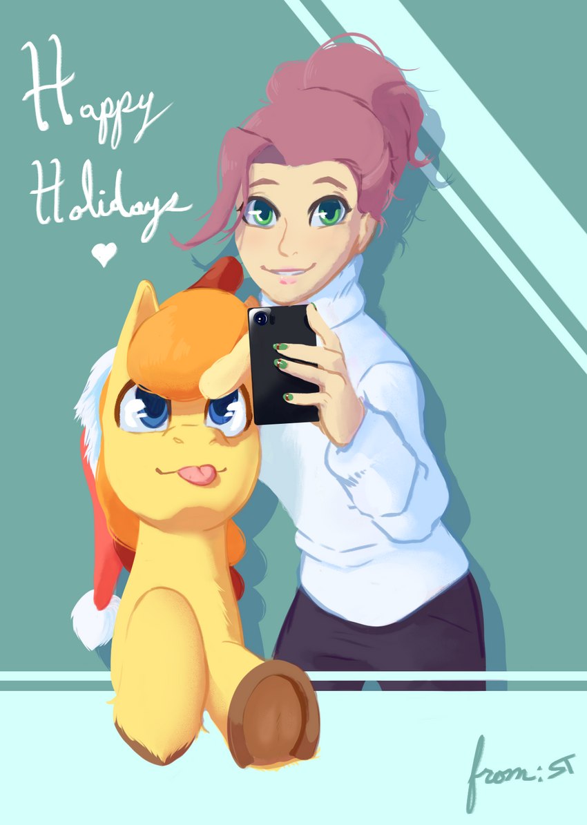 christmas_clothing christmas_headwear clothing duo electronics female feral hat headgear headwear holidays male phone santa_hat selfie storyteller_(artist) christmas hasbro my_little_pony fan_character equid equine human mammal hi_res