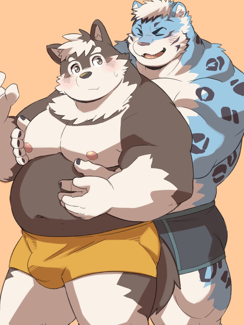 anthro belly big_belly blue_body blush bulge clothing duo hug hugging_another hugging_from_behind kemono male male/male moobs nipples overweight overweight_male simple_background underwear ayame42612 canid canine canis domestic_dog felid mammal pantherine tiger 2024 hi_res