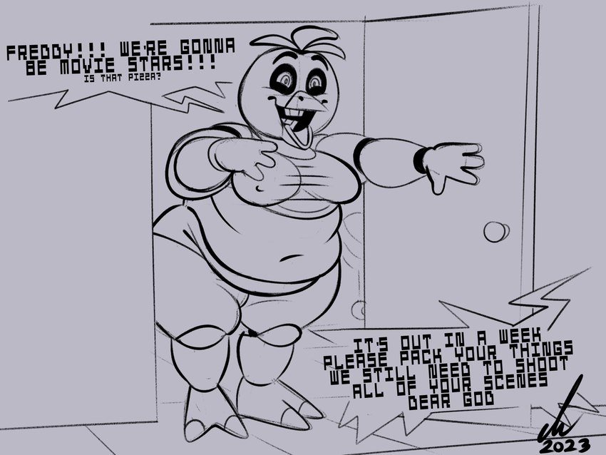 anthro beak belly bib big_belly big_breasts breasts feet female inner_mouth machine overweight solo talons text thick_thighs toes wide_hips classica_p five_nights_at_freddy's scottgames chica_(fnaf) animatronic avian bird chicken galliform gallus_(genus) phasianid robot 4:3 absurd_res english_text hi_res