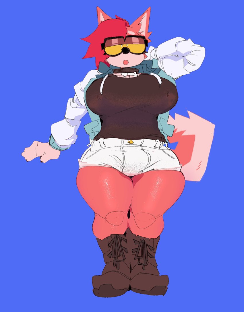 anthro big_breasts blue_background boots bottomwear breasts bulge clothing collar footwear gynomorph half-closed_eyes intersex jacket narrowed_eyes nipple_outline shoes shorts simple_background solo thick_thighs topwear velvetomo sammy_(dogfluid) canid canine canis domestic_dog mammal absurd_res hi_res nonbinary_(lore)