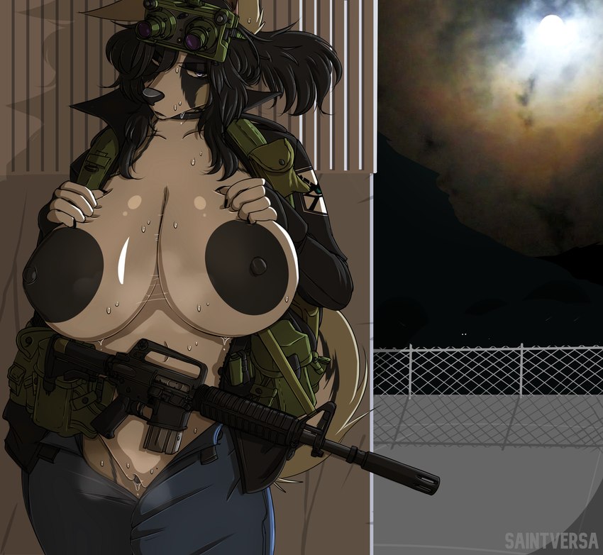 anthro areola assault_rifle big_areola big_breasts bodily_fluids bottomwear bottomwear_down breasts clothed clothing curvy_figure exposed_breasts female genital_fluids gun huge_breasts m16 military night_vision_goggles nipples open_clothing open_shirt open_topwear pants pants_down partially_clothed ranged_weapon rifle shirt solo thick_thighs topwear vaginal_fluids voluptuous weapon wide_hips saintversa canid canine mammal 2024 absurd_res hi_res