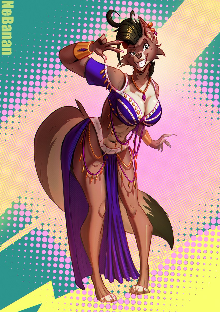 anthro belly_dancer big_breasts bottomwear bracelet breasts cheek_tuft cleavage clothed clothing dipstick_tail ear_piercing ear_ring facial_tuft female gesture grin hair hand_gesture jewelry loincloth looking_at_viewer markings necklace piercing ring_piercing smile solo tail tail_markings tuft v_sign nebanan canid canine mammal hi_res