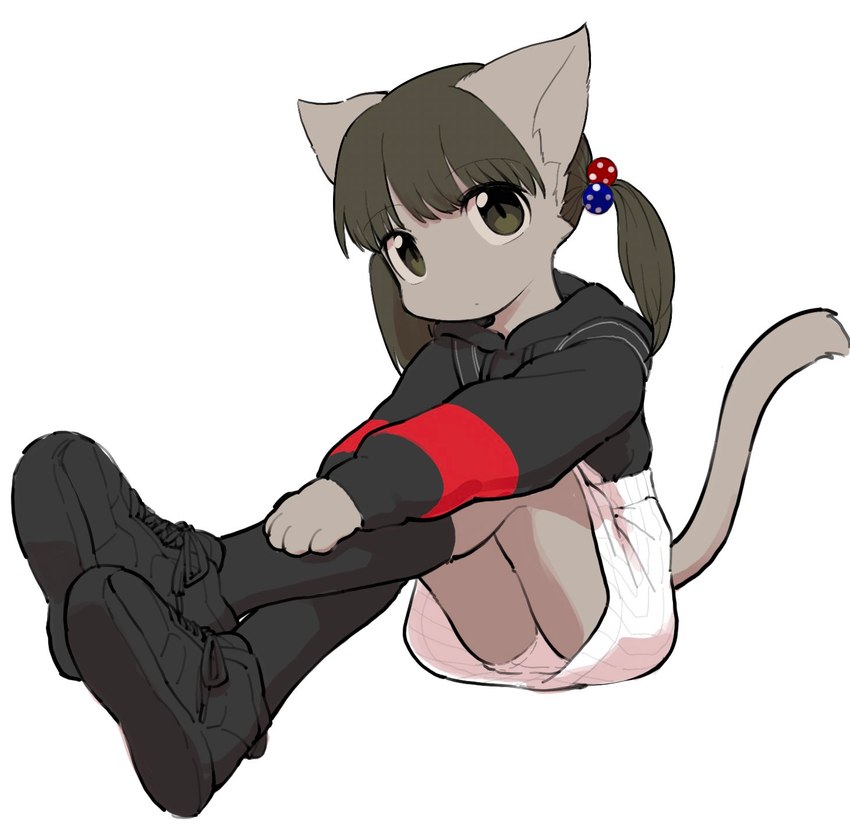 anthro bottomwear cat_tail clothed clothing female footwear furgonomics looking_at_viewer panties pigtails shoes skirt solo tail tail_through_skirt underwear upskirt white_clothing white_panties white_underwear young young_anthro young_female yonsai hiraragi_akane domestic_cat felid feline felis mammal hi_res