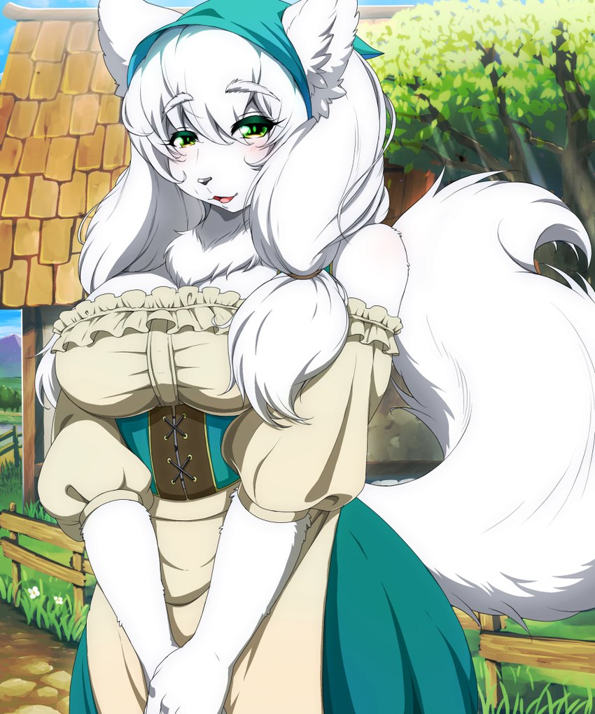 alternative_fashion anthro big_breasts breasts classic_lolita clothed clothing corset country_lolita dress eyebrow_through_hair eyebrows female female_anthro fluffy fluffy_tail frilly frilly_clothing fully_clothed fur green_eyes hair half-closed_eyes headgear headkerchief headwear inner_ear_fluff j-fashion kemono kerchief lingerie lolita_(fashion) looking_at_viewer medieval narrowed_eyes neck_tuft open_mouth open_smile outside raised_eyebrows smile solo tail topwear translucent translucent_hair tuft white_body white_fur white_hair 68_(artist) canid canine mammal 2023 5:6