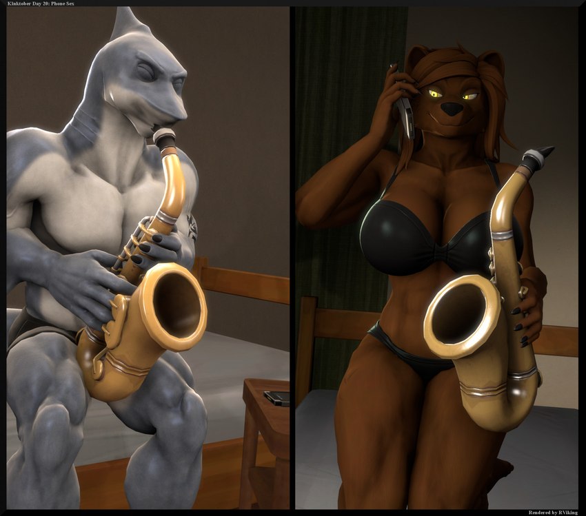 anthro athletic athletic_anthro athletic_male big_breasts black_clothing bra breasts brown_arms brown_body brown_hands brown_legs cellphone clothed clothing duo electronics eyes_closed female grey_arms grey_body grey_hands grey_legs holding_object humanoid_hands humor male male/female muscular musical_instrument phone phone_sex playing_music pun saxophone sitting smartphone underwear what wind_instrument woodwind_instrument reindeerviking petruz_(copyright) dasha_(petruz) hammerhead_(petruz) bear fish great_white_shark mackerel_shark mammal marine shark white_shark 3d_(artwork) digital_media_(artwork) source_filmmaker_(artwork)