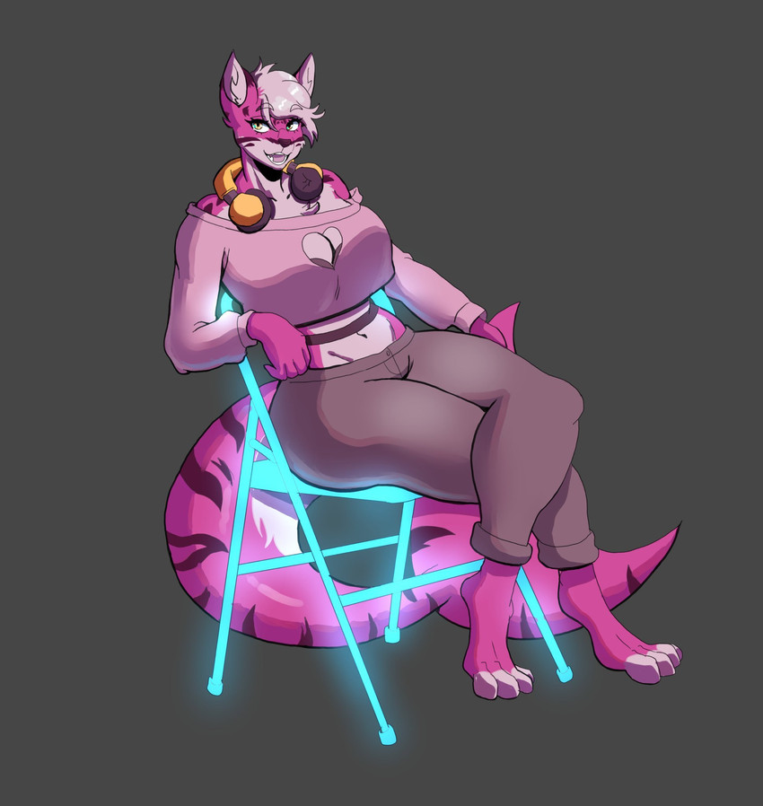 anthro barefoot big_breasts bottomwear breasts chair cleavage cleavage_cutout clothed clothed_anthro clothed_female clothing cropped_sweater cutout electronics eyebrow_through_hair eyebrows eyelashes feet female female_anthro fin front_view fur furniture glowing grey_background hair headphones headphones_around_neck navel on_chair open_mouth pants pink_body pink_clothing pink_fur pink_hair pink_sweater pink_tail pink_topwear simple_background sitting sitting_on_chair solo stripes sweater tail tail_fin thick_thighs topwear translucent translucent_hair white_sclera wide_hips palesnake mammal marine 2025 digital_drawing_(artwork) digital_media_(artwork) full-length_portrait hi_res portrait