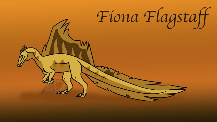 brown_body brown_scales claws female feral fin head_crest pupils sail_(anatomy) scales shadow sharp_teeth simple_background slit_pupils solo tail tail_fin teeth text yellow_body yellow_scales rerarlo dinosquad fiona_flagstaff dinosaur prehistoric_species reptile scalie spinosaurid spinosaurus theropod english_text