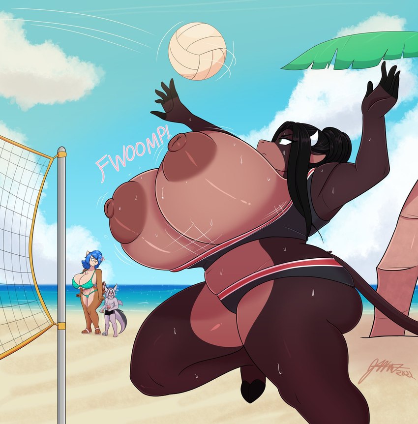 annoyed anthro beach big_breasts bikini black_hair blue_hair bodily_fluids bouncing_breasts breasts brown_body brown_fur brown_nipples clothing dessert exposed_breasts female food fur grey_body grey_fur group hair horn huge_breasts ice_cream long_hair looking_at_another medium_hair midair nipples outside seaside size_difference slightly_chubby slightly_chubby_female sport standing sweat swimwear tied_hair trio two-piece_swimsuit volleyball wardrobe_malfunction white_hair jwinkz rally_ryder shaze summer_(jwinkz) bovid bovine cattle chipmunk ground_squirrel mammal rodent sciurid unknown_species 2022 hi_res watermark