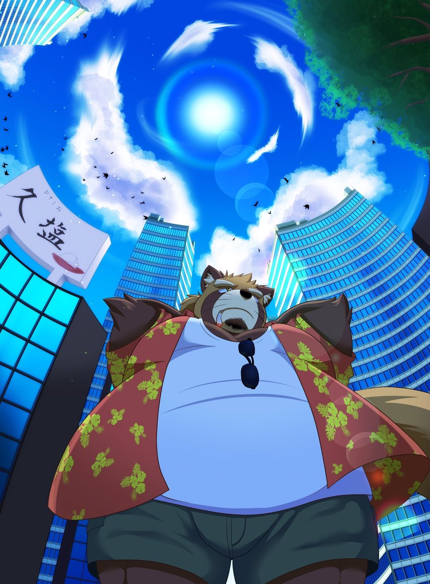 anthro bottomwear brown_body building clothing cloud detailed_background eyewear kemono male outside overweight overweight_male shirt shorts smoking solo sun sunglasses topwear hisashiyo_0705 canid canine mammal raccoon_dog tanuki 2022 hi_res